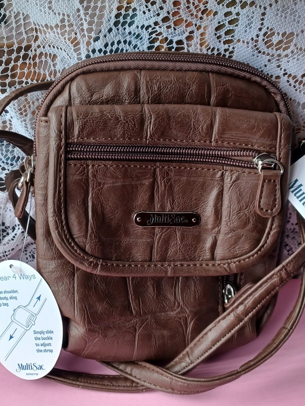 NWT MULTISAC MINI EVEREST 4-WAY BAG BROWN FAUX CROC-TEXTURE ADJUSTABLE 28" STRAP
